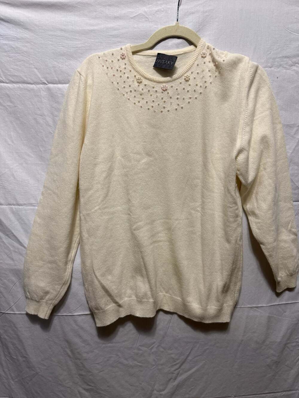 MISAKY Ivory Pearl and‎ Bead Embellished Crewneck Sweater